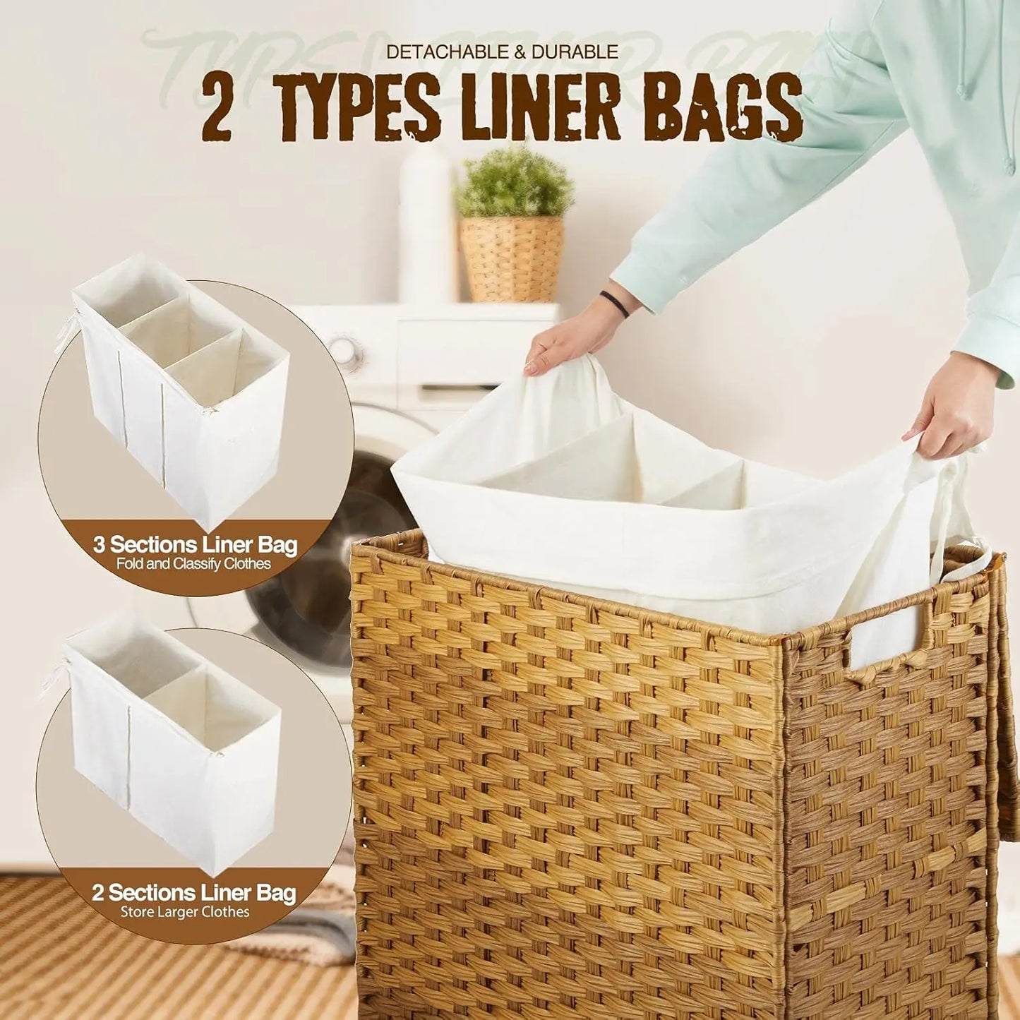 125L Laundry Hamper with Lid – 3-Section & 2-Section Removable Bags + 5 Mesh Bags, Handwoven