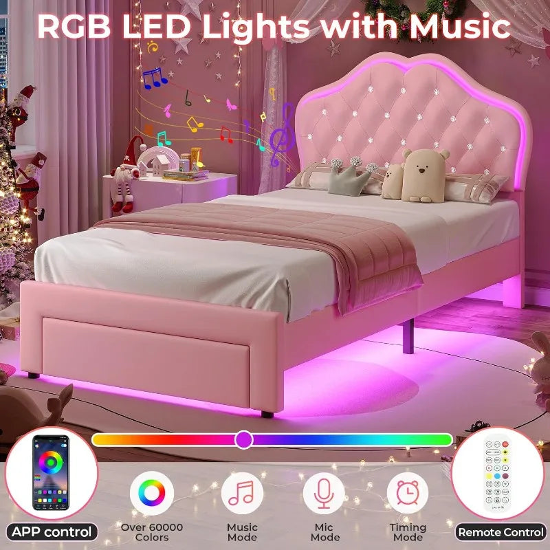 Twin Size Princess Bed – Pink Upholstered Platform with Storage Drawer & Adjustable Crystal Headboard