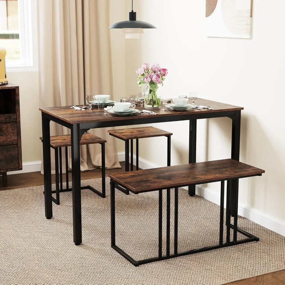 Dining Table Set for 4 – Rectangular Wood Table with Bench & 2 Stools, Industrial Space-Saving Kitchen Dinette