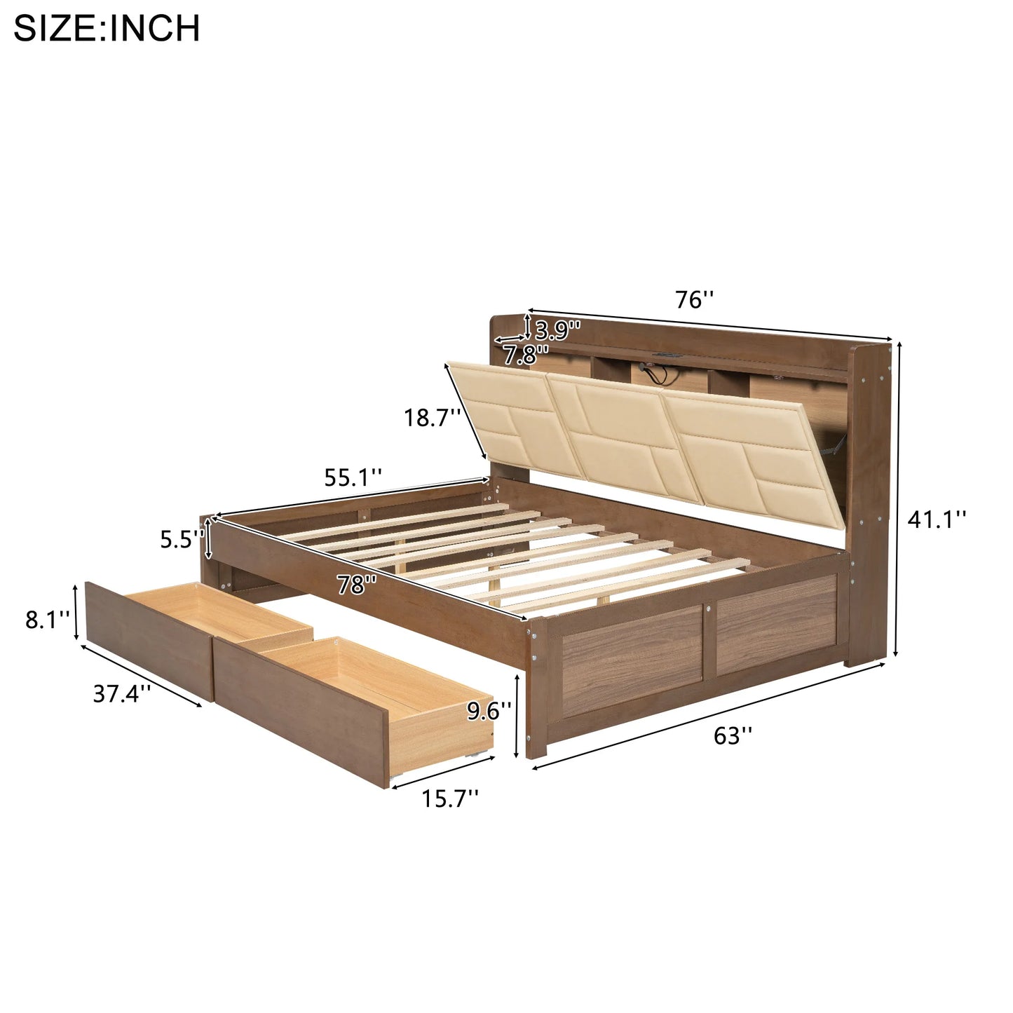 Twin/Full Wood Daybed with Upholstered Storage Shelves, USB Ports & 2 Drawers
