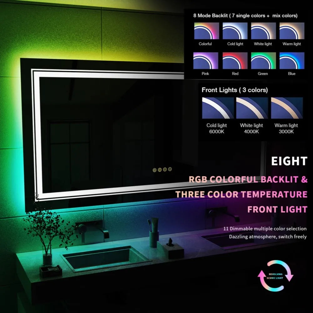 LUVODI Oversize RGB Wall Decorative Full-body Mirror Dimmable Defogging Bathroom Mirror with Touch Switch