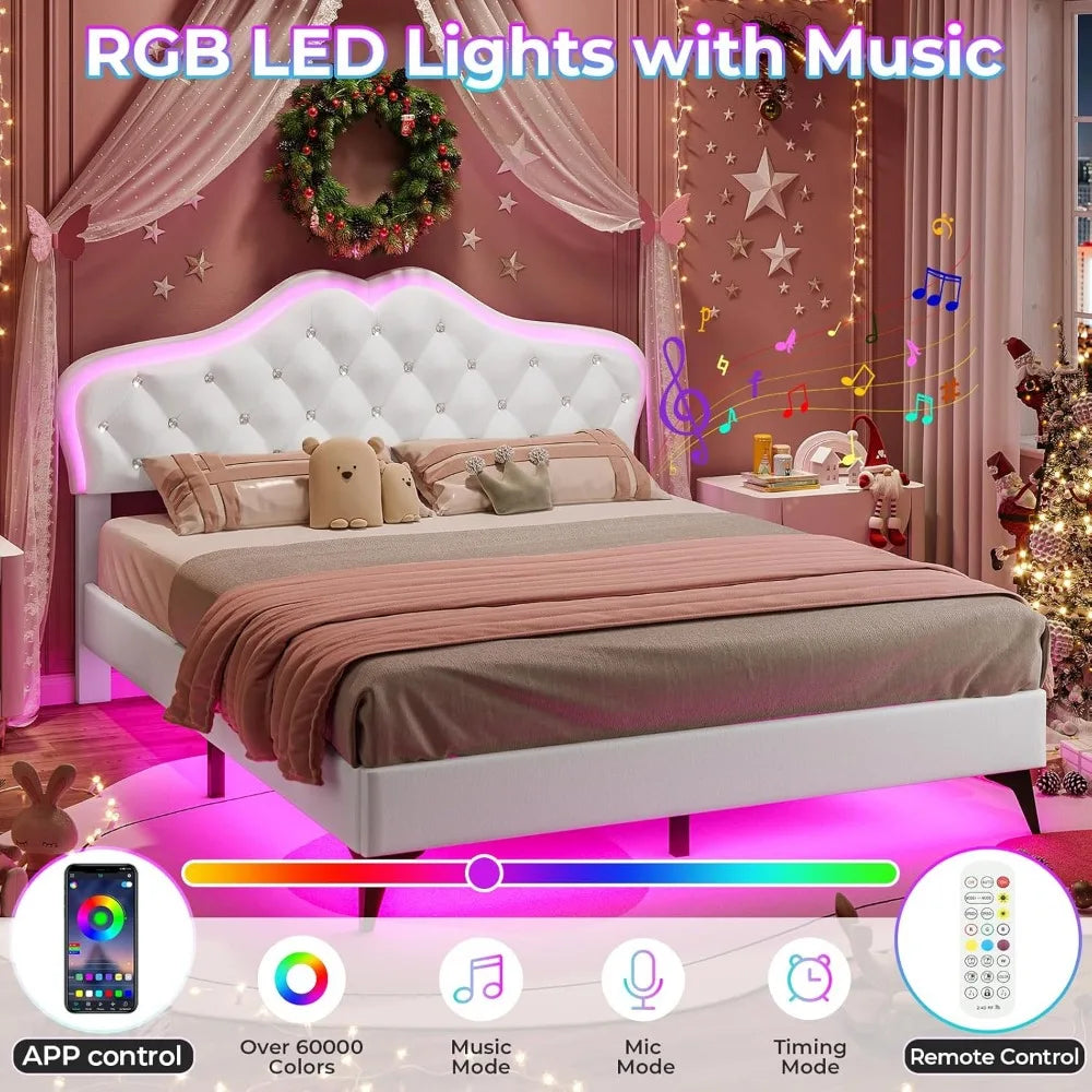 Full Size Princess Bed Frame – Upholstered Platform with LED Lights & Adjustable Crystal Headboard
