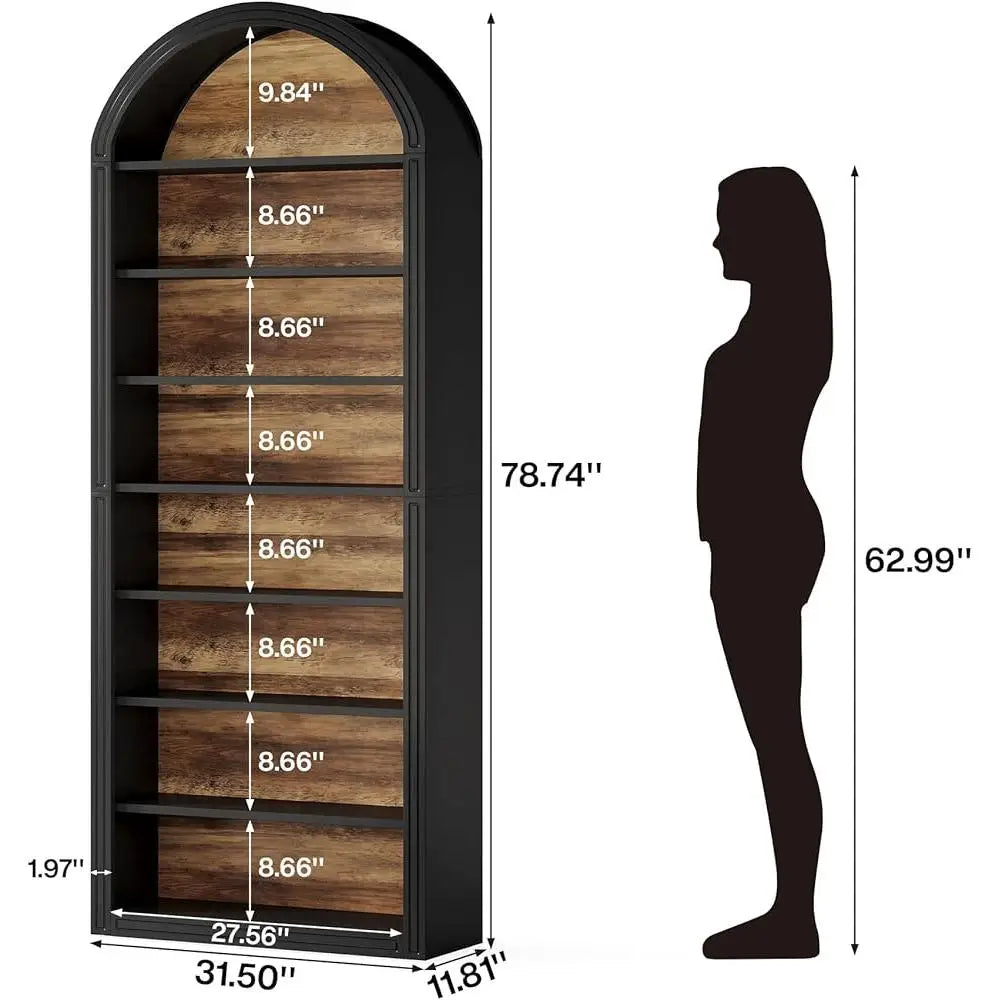 Tall Arched 8-Tier Bookshelf – Modern Wooden Floor-Standing Bookcase with Storage Shelves