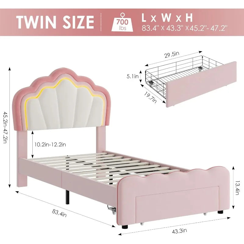 HOSTACK Twin Princess Bed Frame – Upholstered Velvet with LED Lights & Storage Drawer (Pink/Beige)