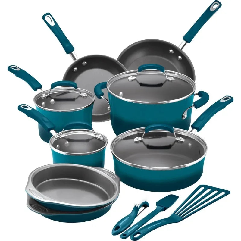 Rachael Ray 15-Piece Nonstick Cookware Set – Durable Pots & Pans with Lids and Kitchen Utensils