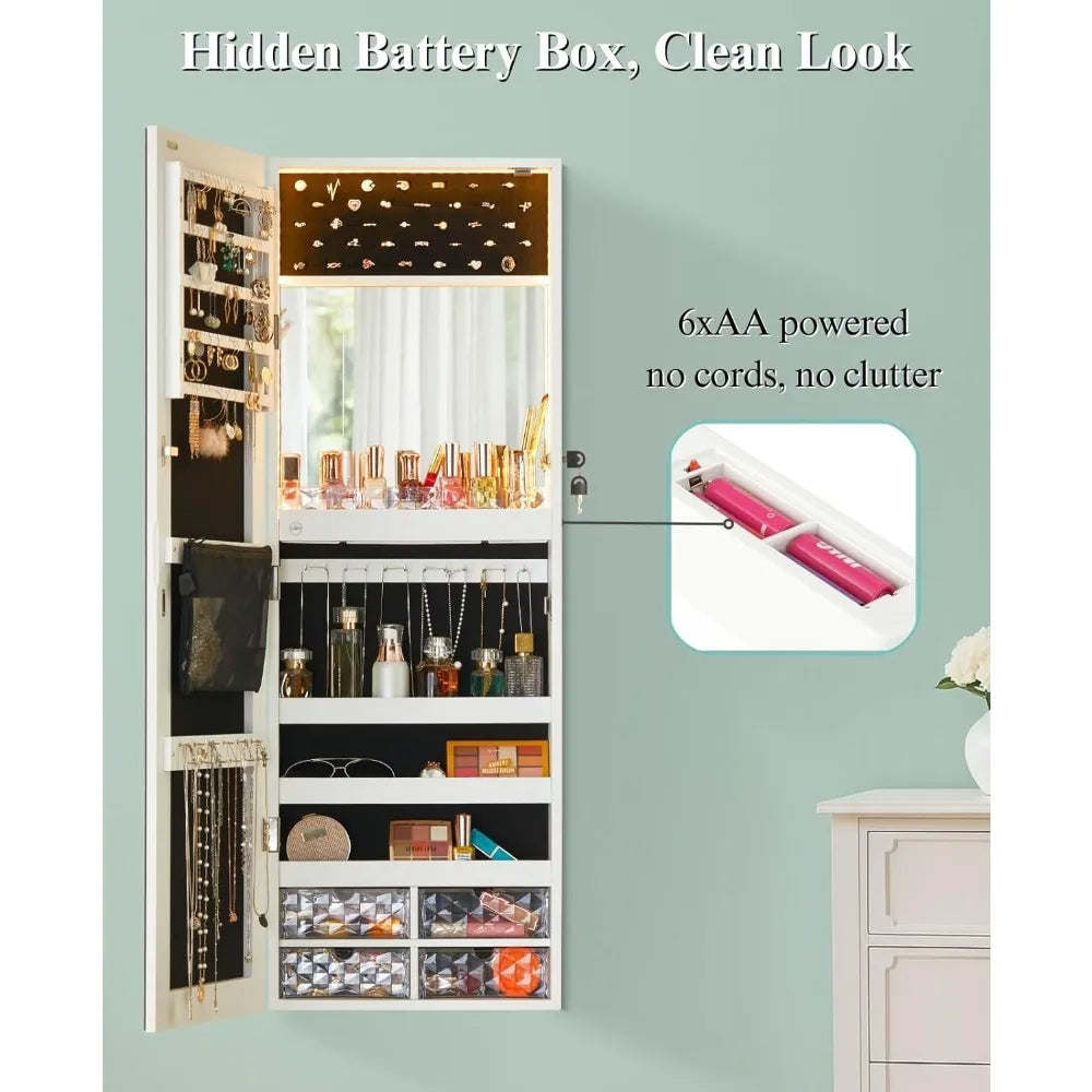 LED Mirror Jewelry Cabinet – Wall/Door Mounted Organizer with Lights