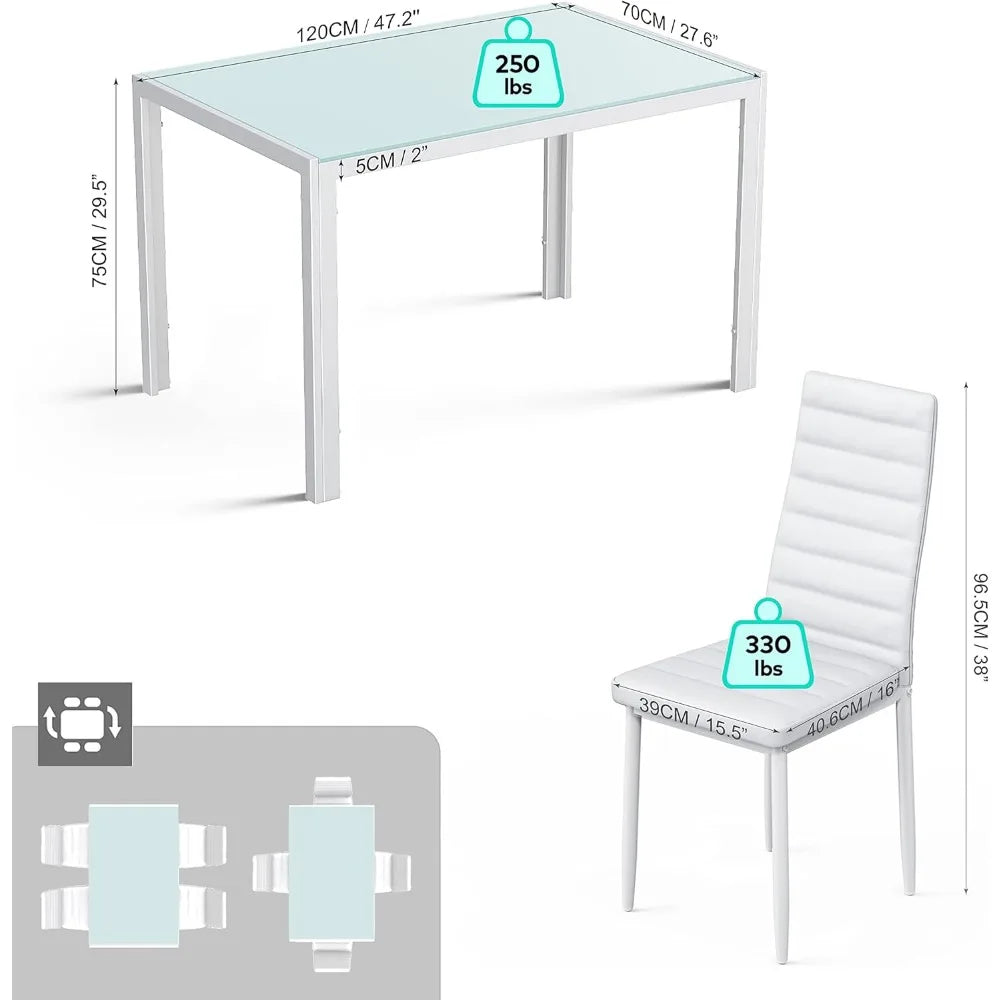 5-Piece Glass Dining Table Set – Modern Kitchen Table with 4 PU Leather Chairs for Home, Dining & Living Room