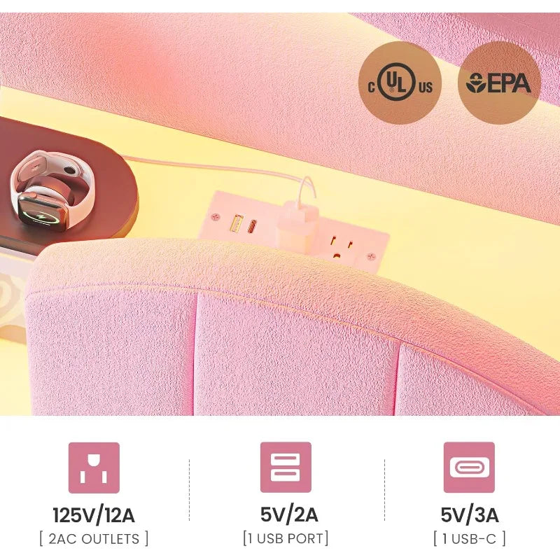 Twin Princess Bed Frame with LED Lights – Pink Velvet Upholstered Platform with Storage & Charging Headboard