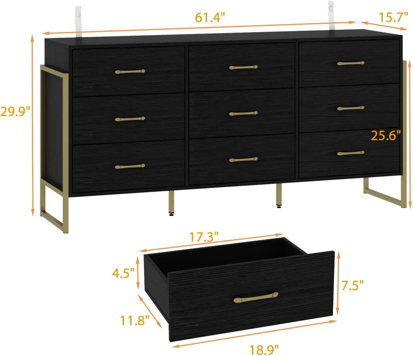 Modern 9 Drawer Black Dresser with Gold Legs – Large Bedroom Storage
