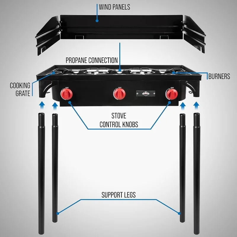 Hike Crew Cast Iron 3-Burner Outdoor Gas Stove – Heavy Duty Propane Cooking Station
