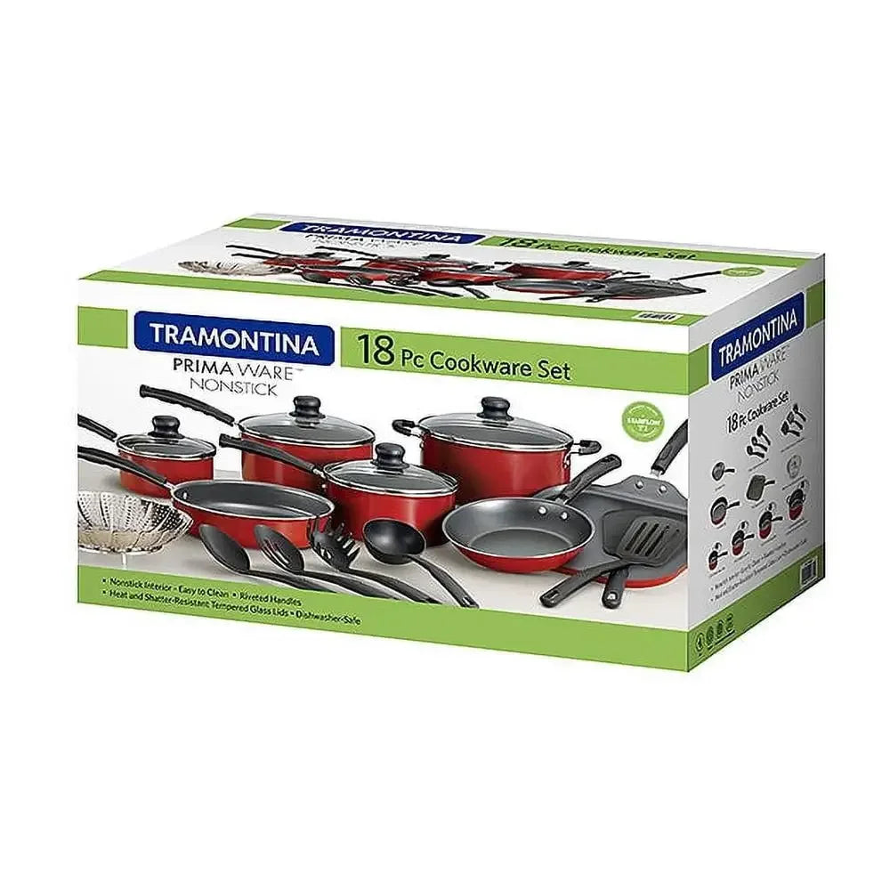 18-Piece Nonstick Cookware Set, PrimaWare Collection – Red Aluminum with Glass Lids
