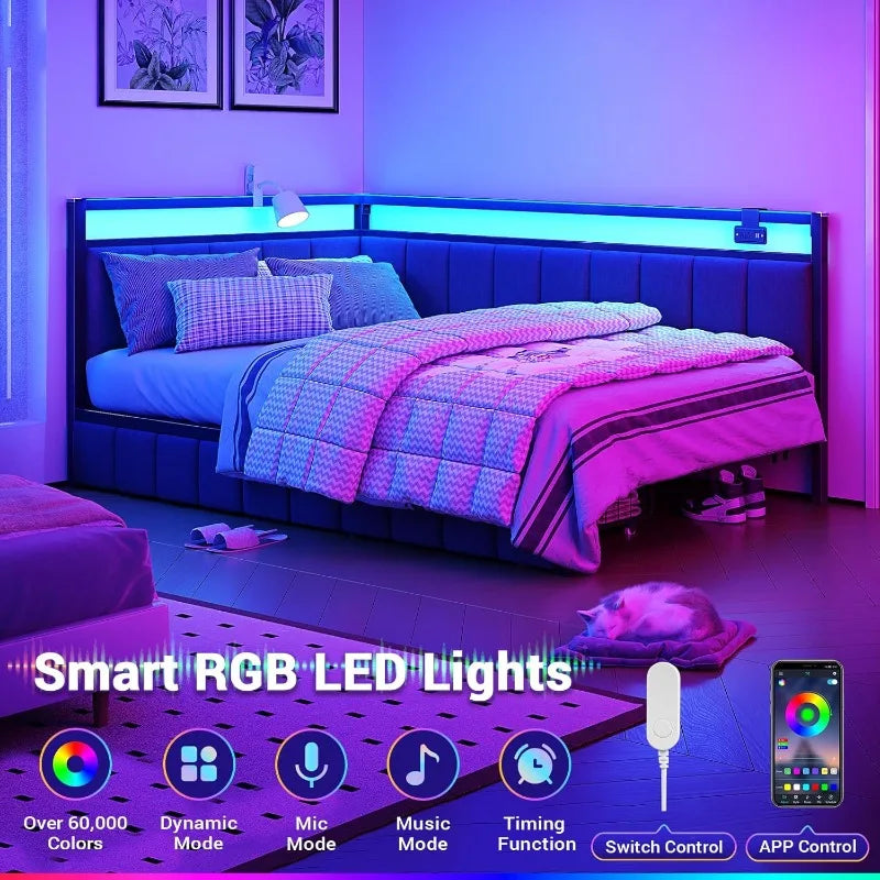Twin Corner Daybed with Storage Drawers & LED Lighting