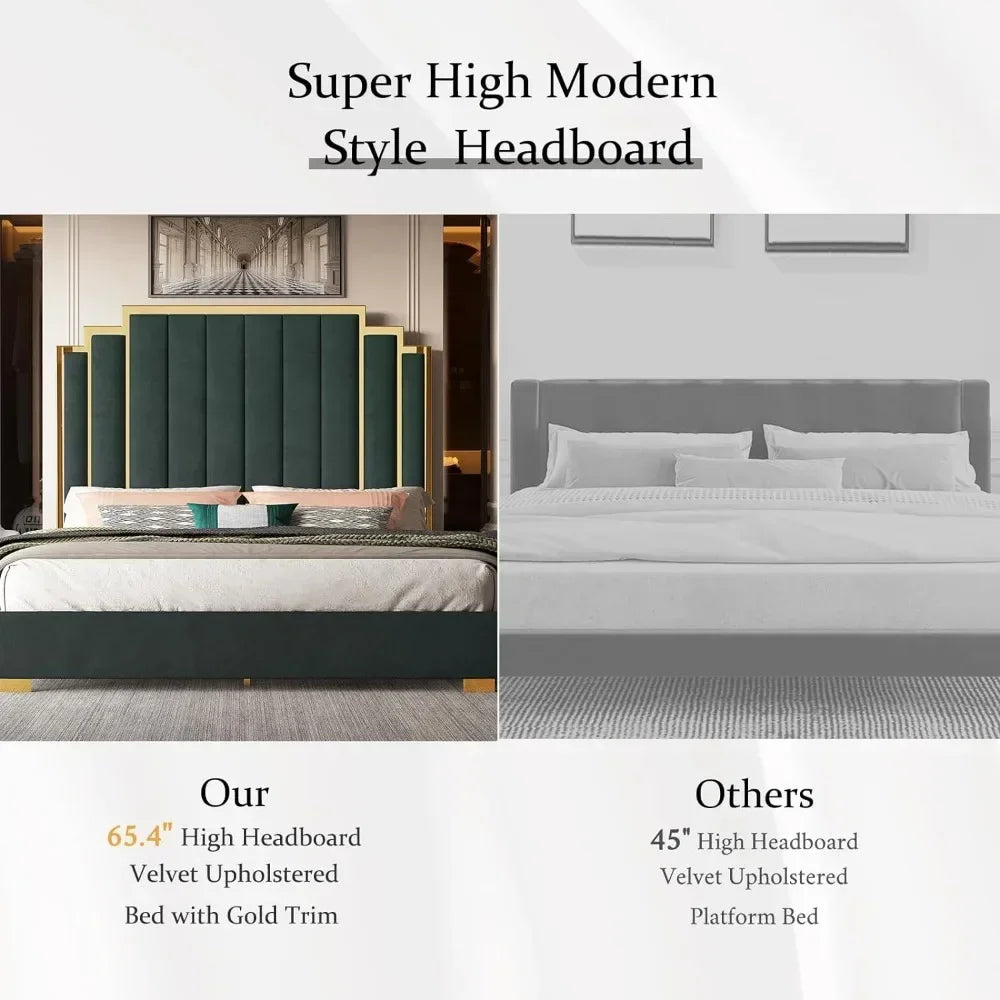 King Size Velvet Platform Bed Frame – Green Upholstered with Gold Trim Headboard & Wooden Slats