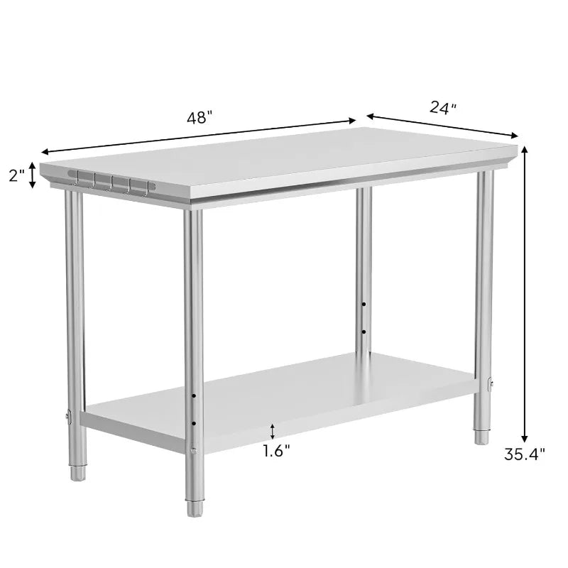 ROVSUN 48"×24" Stainless Steel Prep Table – Heavy Duty Workstation with Adjustable Shelf & Hooks