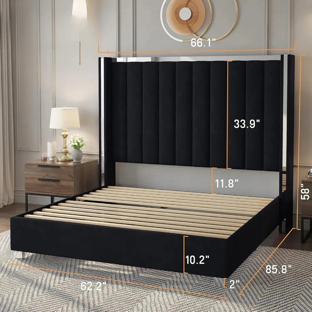 Velvet Upholstered Platform Bed – 58" Tall Wingback Headboard with Channel Tufted Design