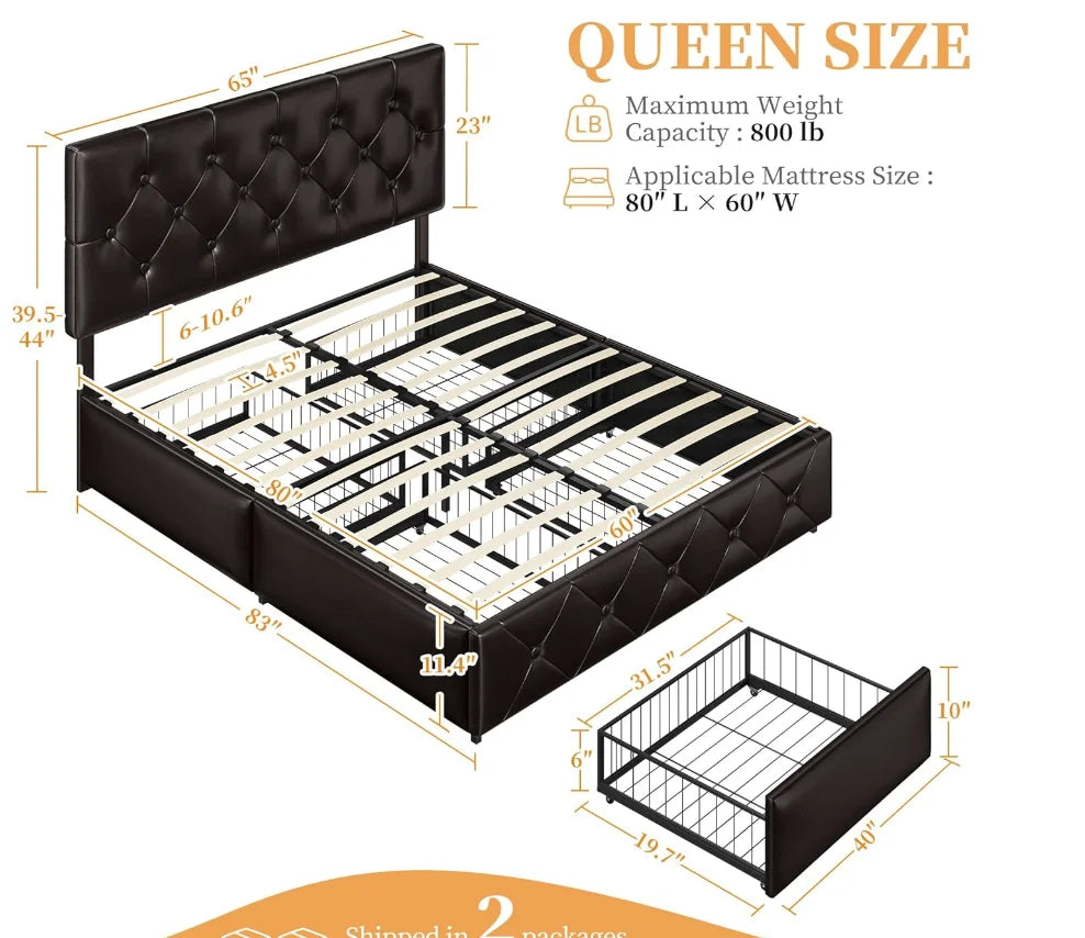 Queen Upholstered Bed Frame – Faux Leather Platform with 4 Drawers & Adjustable Headboard