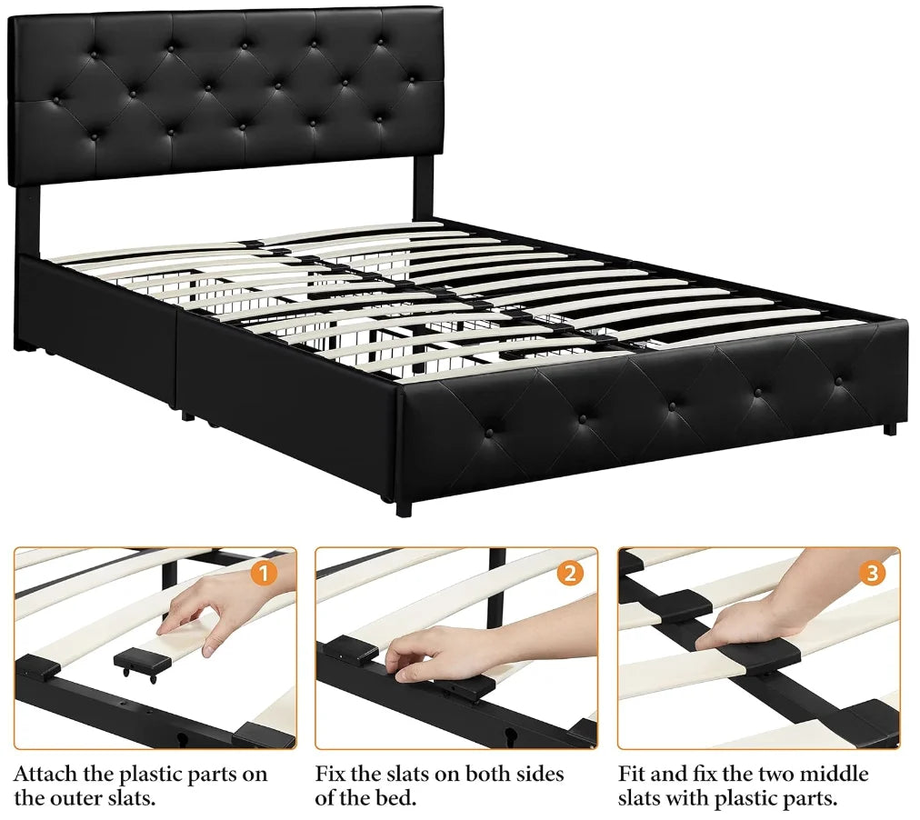Queen Upholstered Bed Frame – Faux Leather Platform with 4 Drawers & Adjustable Headboard