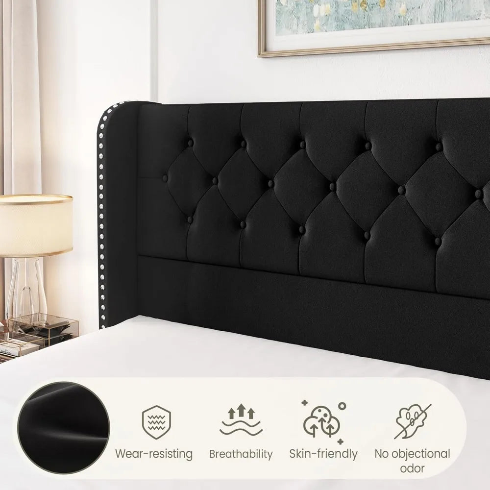 LARMACE King Size Velvet Upholstered Platform Bed – Modern Bed Frame with Headboard