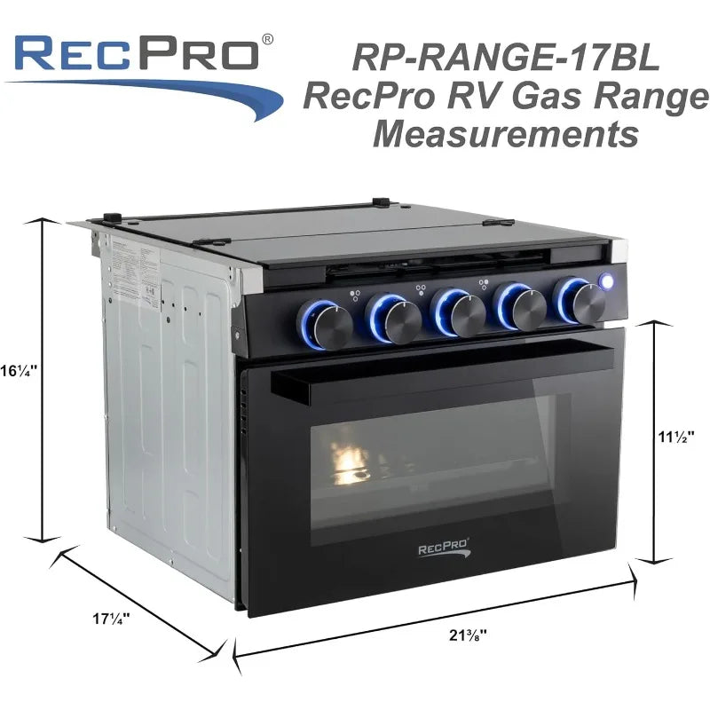 RecPro RV Stove – 17" Black Gas Range with 3 Burners (6,500 & 8,000 BTU) and 7,100 BTU Oven, 1.24 Cu. Ft. Capacity
