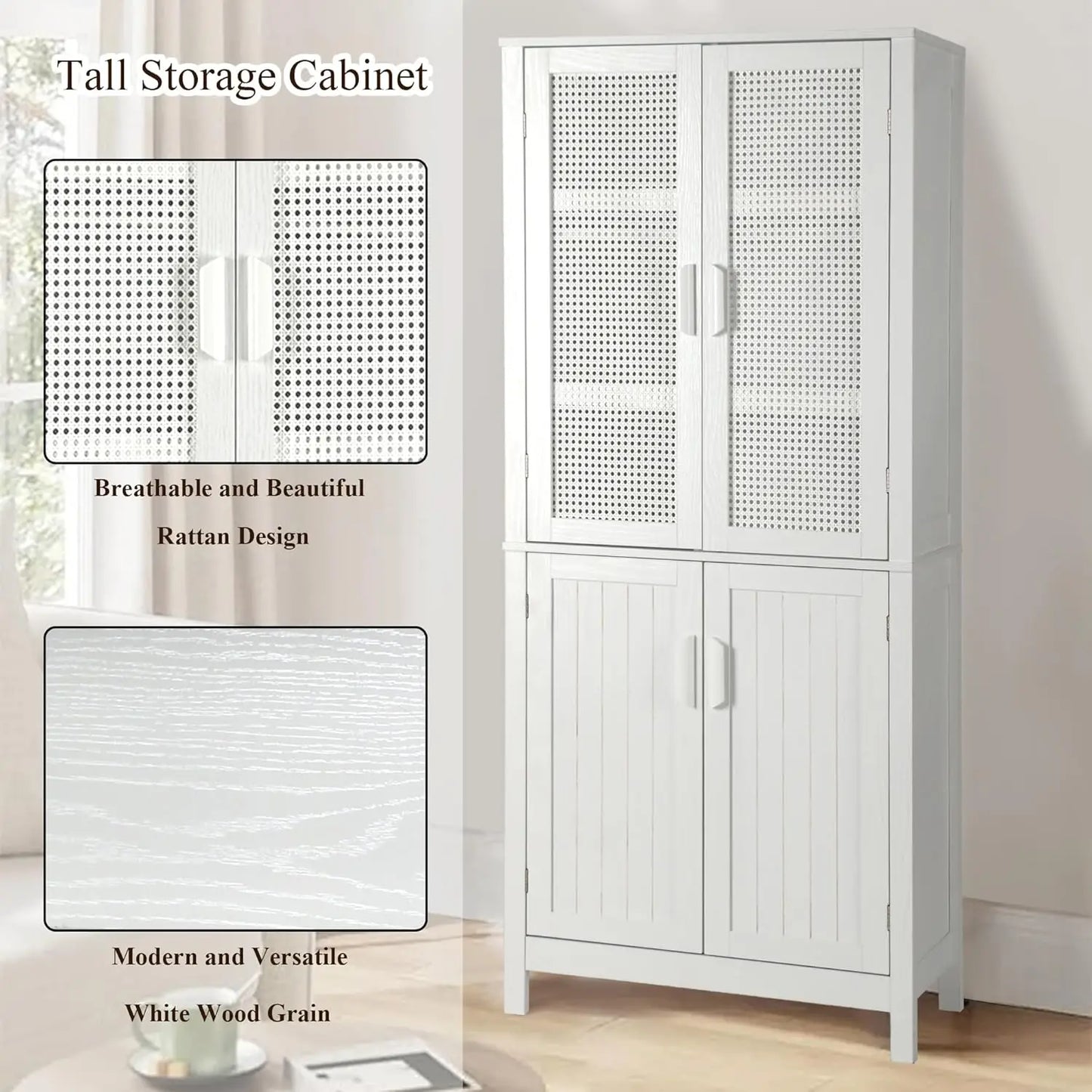 71" Kitchen Pantry Storage Cabinet – Tall Freestanding Wood Cupboard with Rattan Doors & Adjustable Shelves