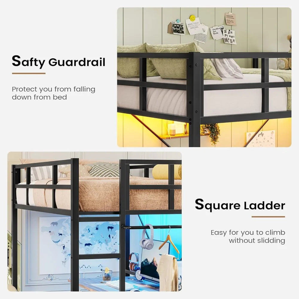 Twin Metal Loft Bed with LED Lights – Heavy Duty Frame with Guardrails & Clothes Rack