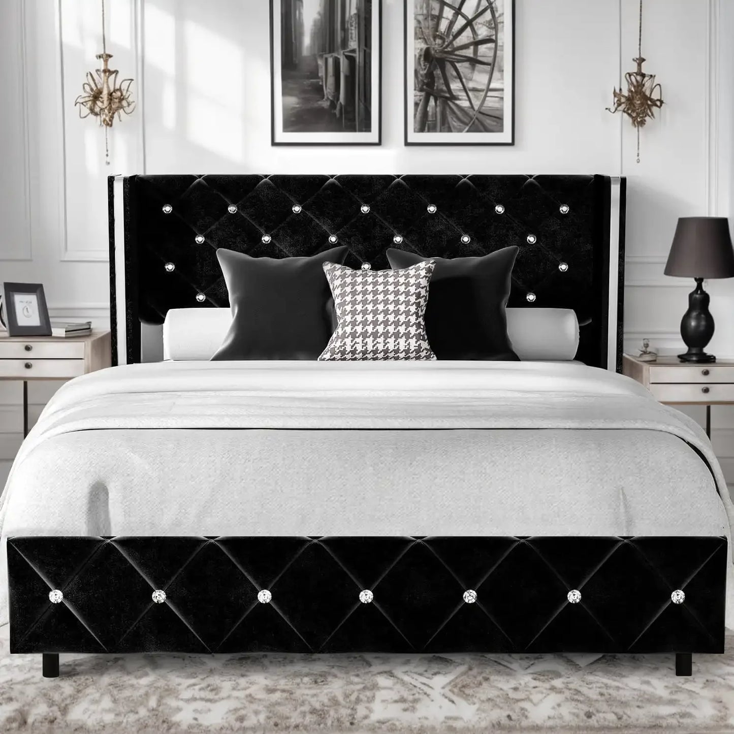 Queen Bed Frame with Diamond Headboard – Pink Faux Leather, Upholstered Platform, Easy Assembly