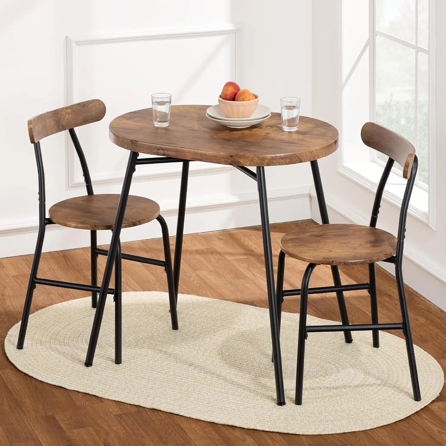 Modern Oval Dining Table Set – Small Kitchen Dinette with 2 Chairs, Metal Frame & Curved Backrests (Dark Green/Gold)