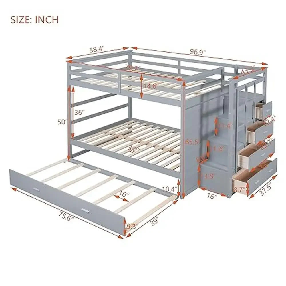 Multifunctional Twin Over Full Bunk Bed – With Drawers, Staircase & Slide