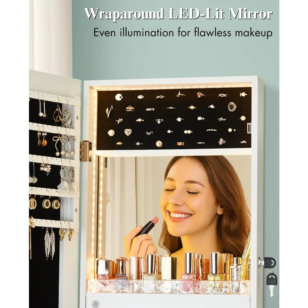 LED Mirror Jewelry Cabinet – Wall/Door Mounted Organizer with Lights