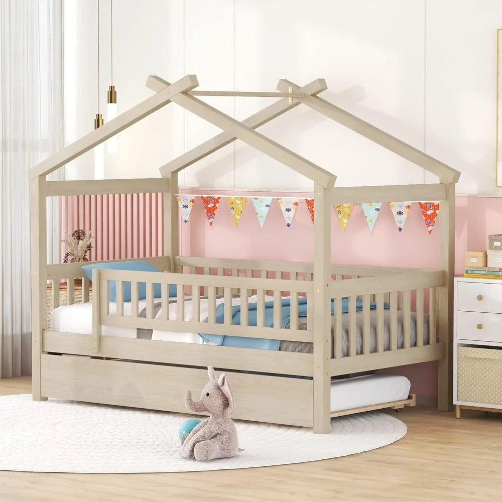 Twin Wooden House Bed with Trundle – Kids Platform Bed with Roof, Fence & Guardrail