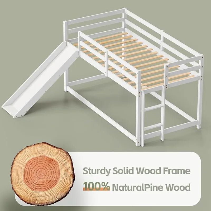 Low Twin Bunk Bed with Slide & Ladder – Wooden Loft Frame with Guardrails & Storage