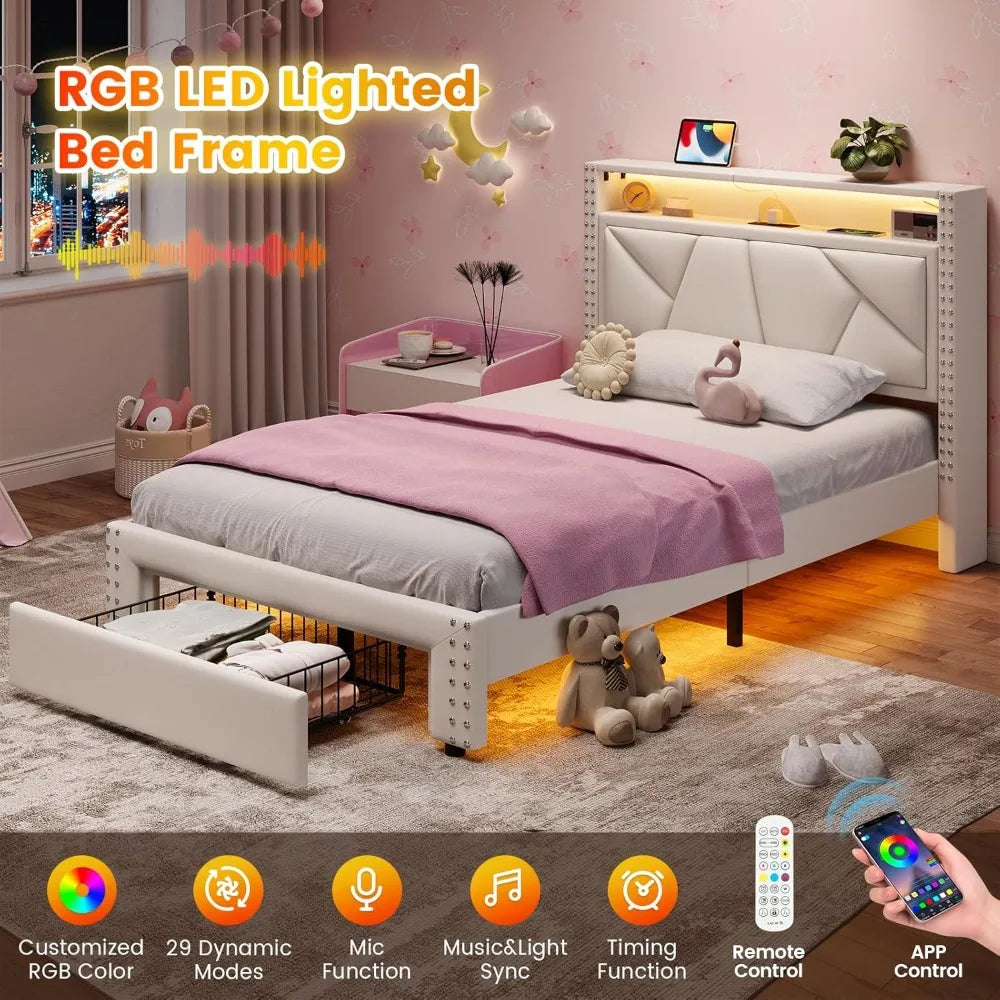 White Twin Upholstered Platform Bed Frame with LED Storage Headboard