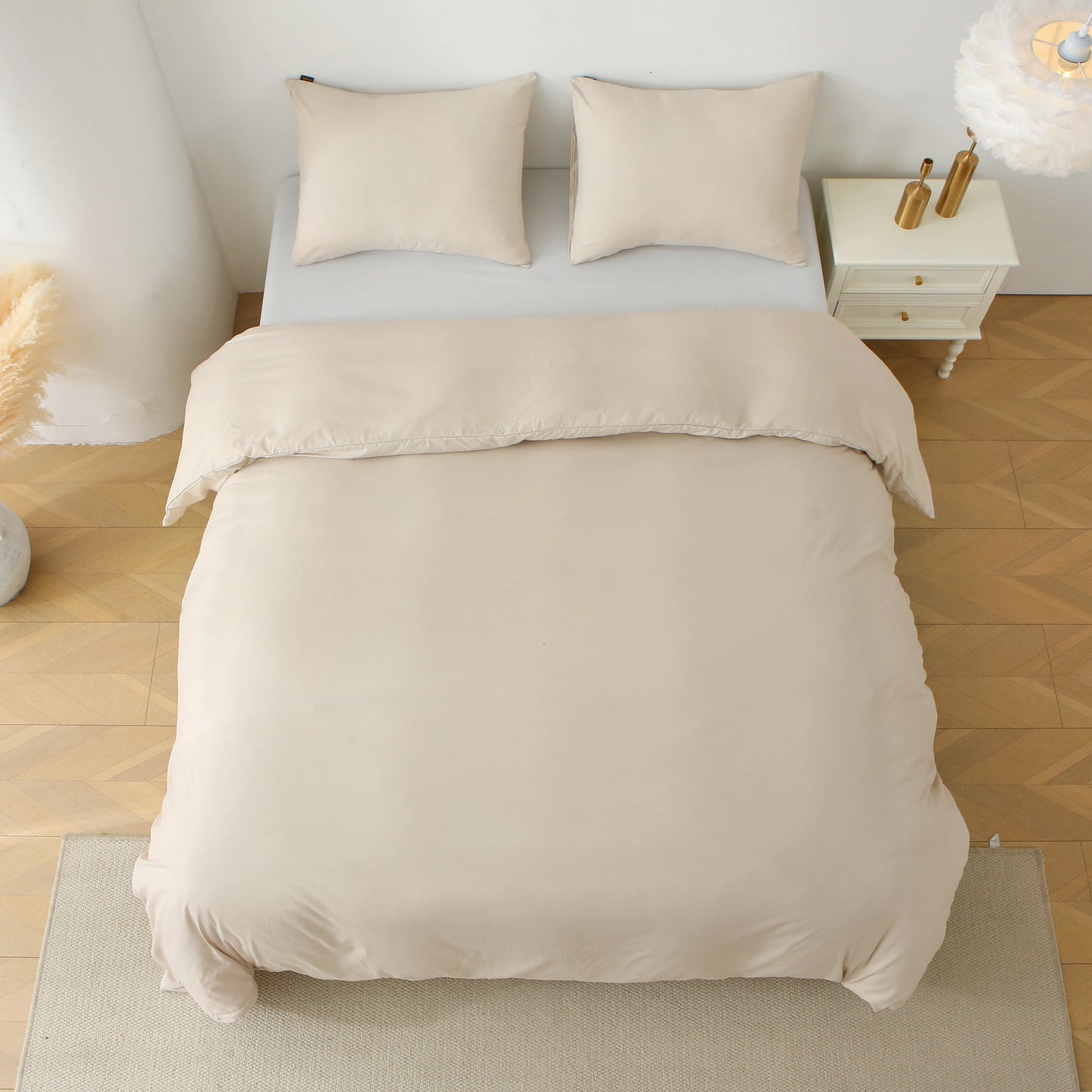 3 Pieces Solid Color Bedding Set with 1 Duvet Cover and 2 Pillow Shams, Comforter Not Included (King Size, Beige)