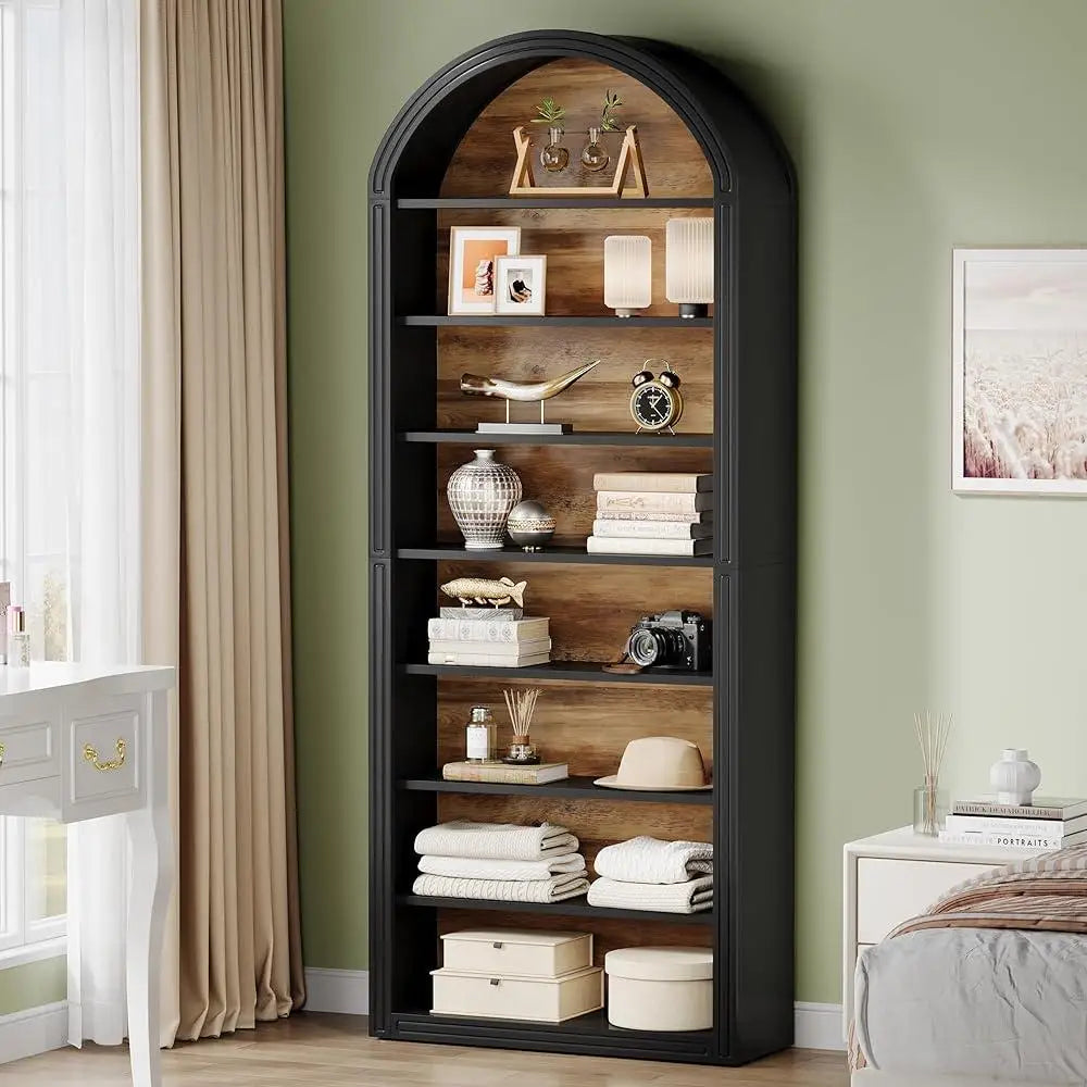 Tall Arched 8-Tier Bookshelf – Modern Wooden Floor-Standing Bookcase with Storage Shelves