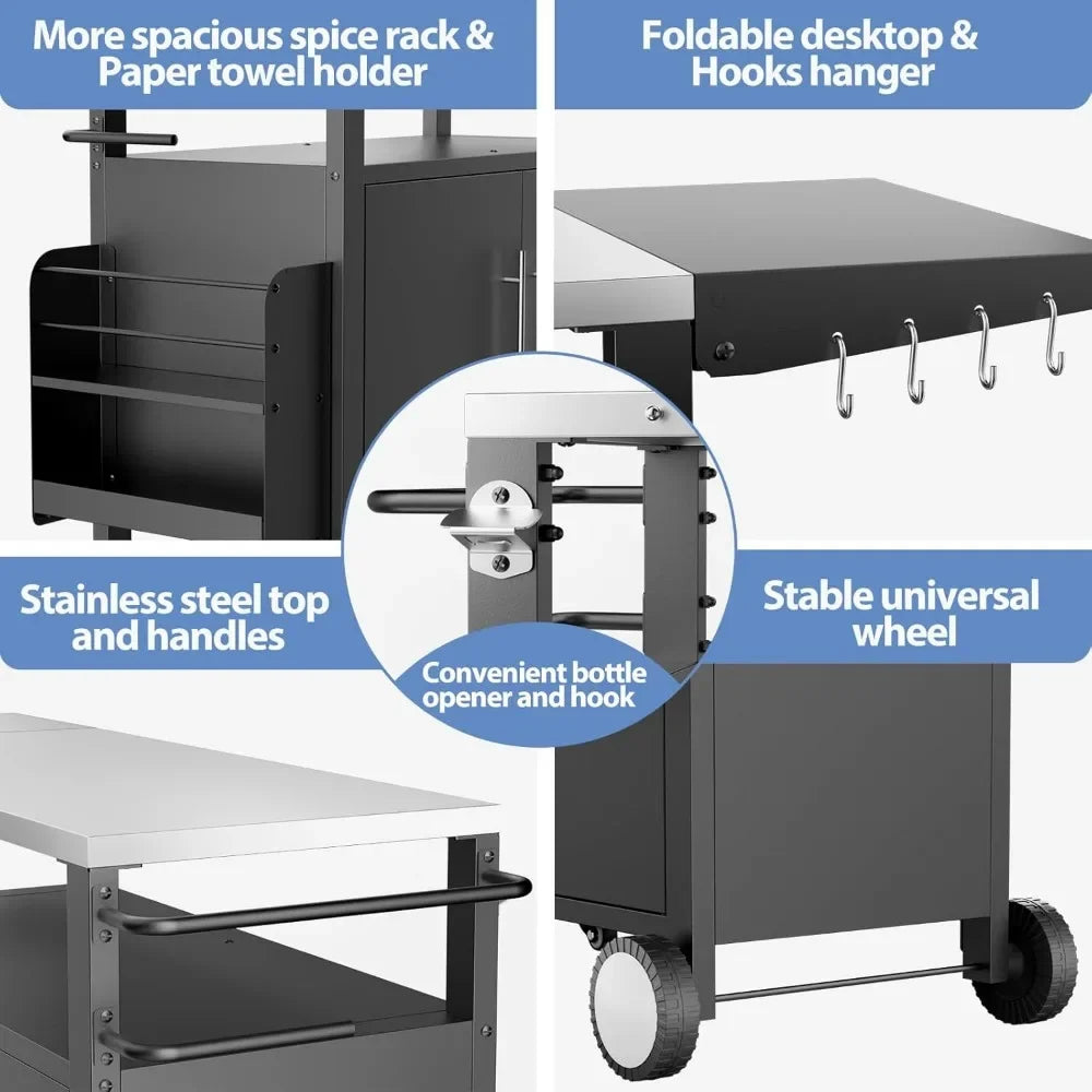 Outdoor Grill Cart with Storage – Patio Kitchen Island Table with Wheels, Hooks & Spice Rackoutdoor grill cart, patio kitchen island, BBQ prep table, rolling grill cart, outdoor storage table, waterproof grill table, BBQ ca