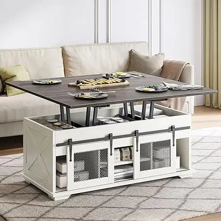 44" Farmhouse Lift Top Coffee Table – Storage with Sliding Barn Doors, 3-in-1 Multi-Function