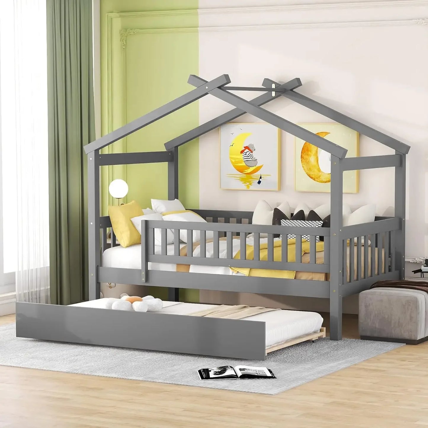 Twin Wooden House Bed with Trundle – Kids Platform Bed with Roof, Fence & Guardrail