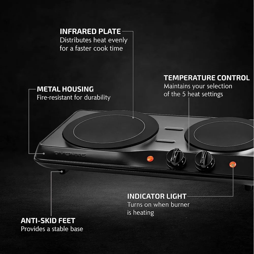 1700W Infrared Double Burner – Portable Electric Stove with Thermostat Control