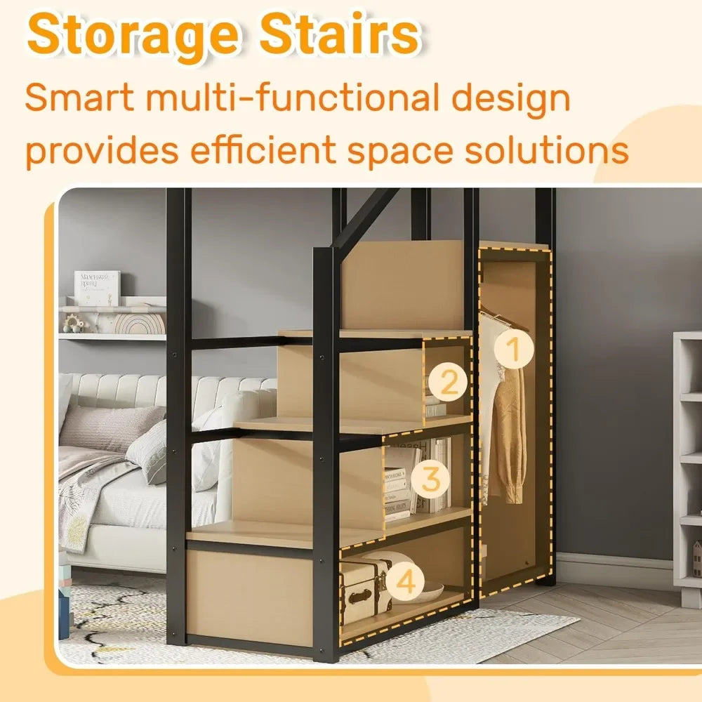 Full Size Loft Bed with Stairs – Built-In Shelf & Under-Bed Storage