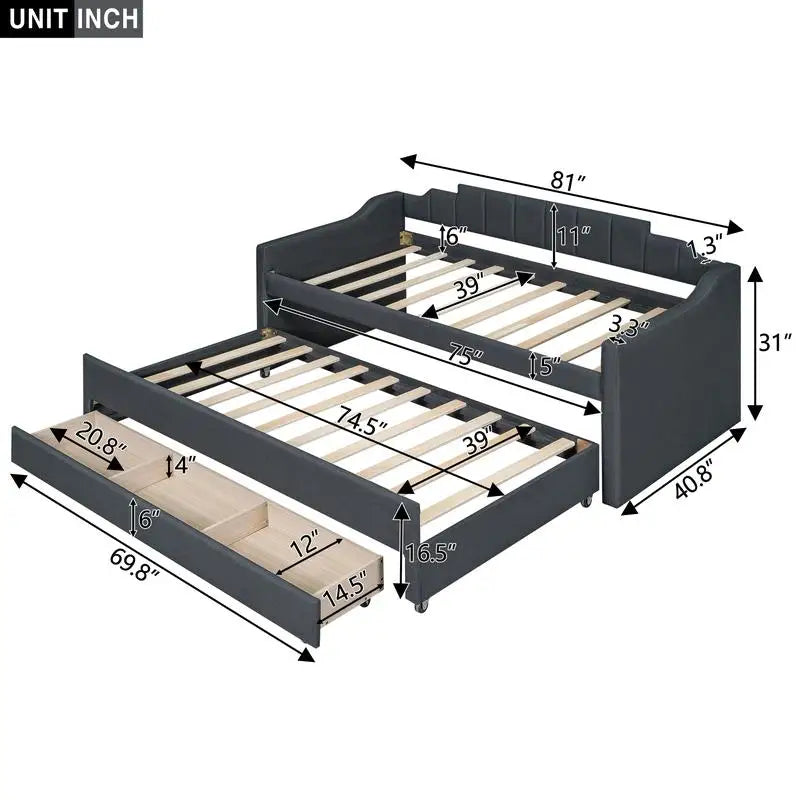 Grey Twin Upholstered Daybed with Trundle & 3 Storage Drawers