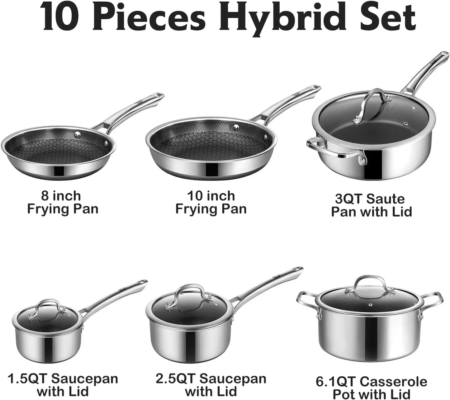 10-Piece Hybrid Stainless Steel Cookware Set – Nonstick Pots & Pans with Frying Pans, Saucepans, Saute Pan & Stock Pot