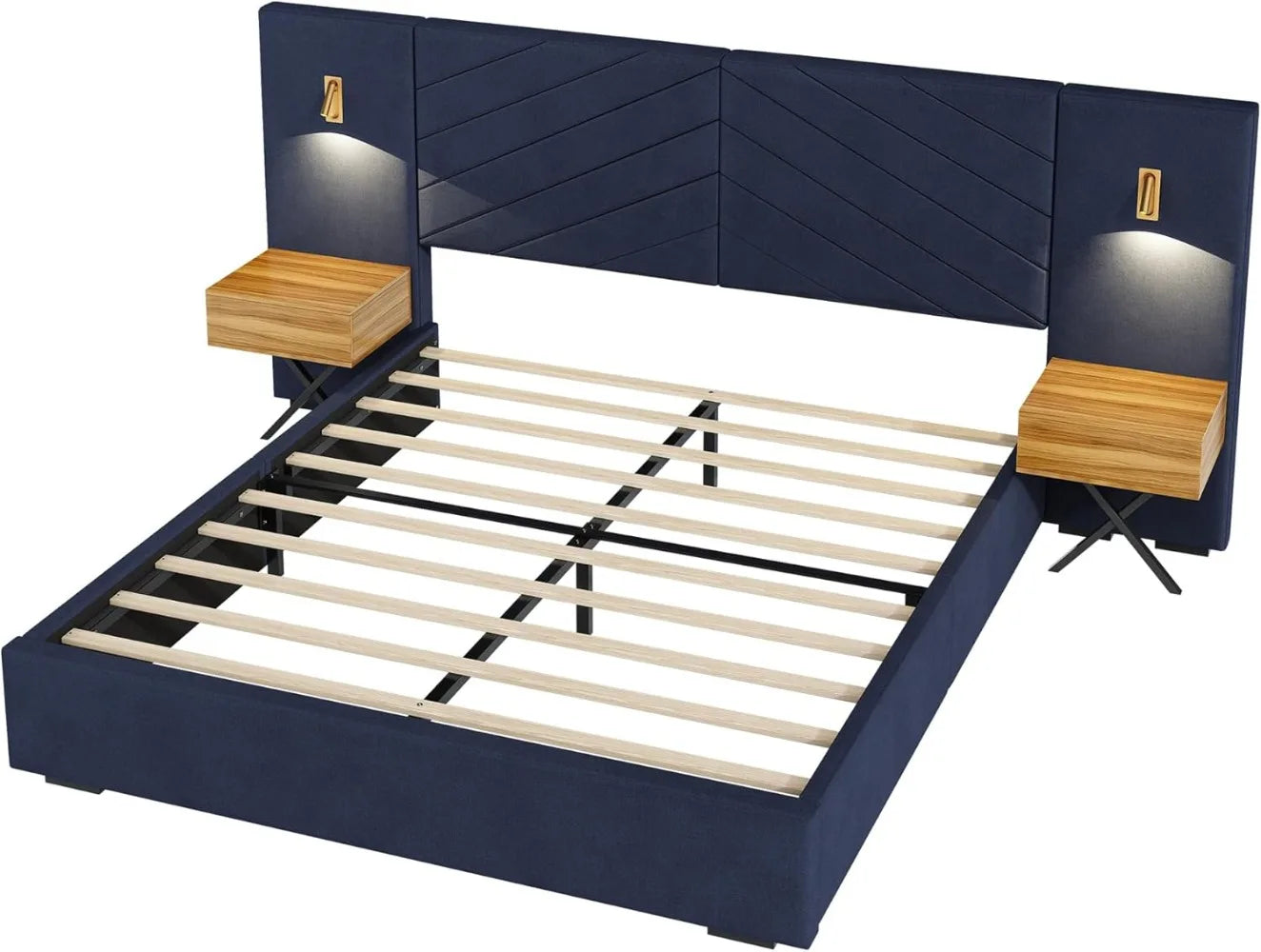 King Size Luxury Platform Bed – Oversized Upholstered Headboard with Built-in Gold LED & Nightstands