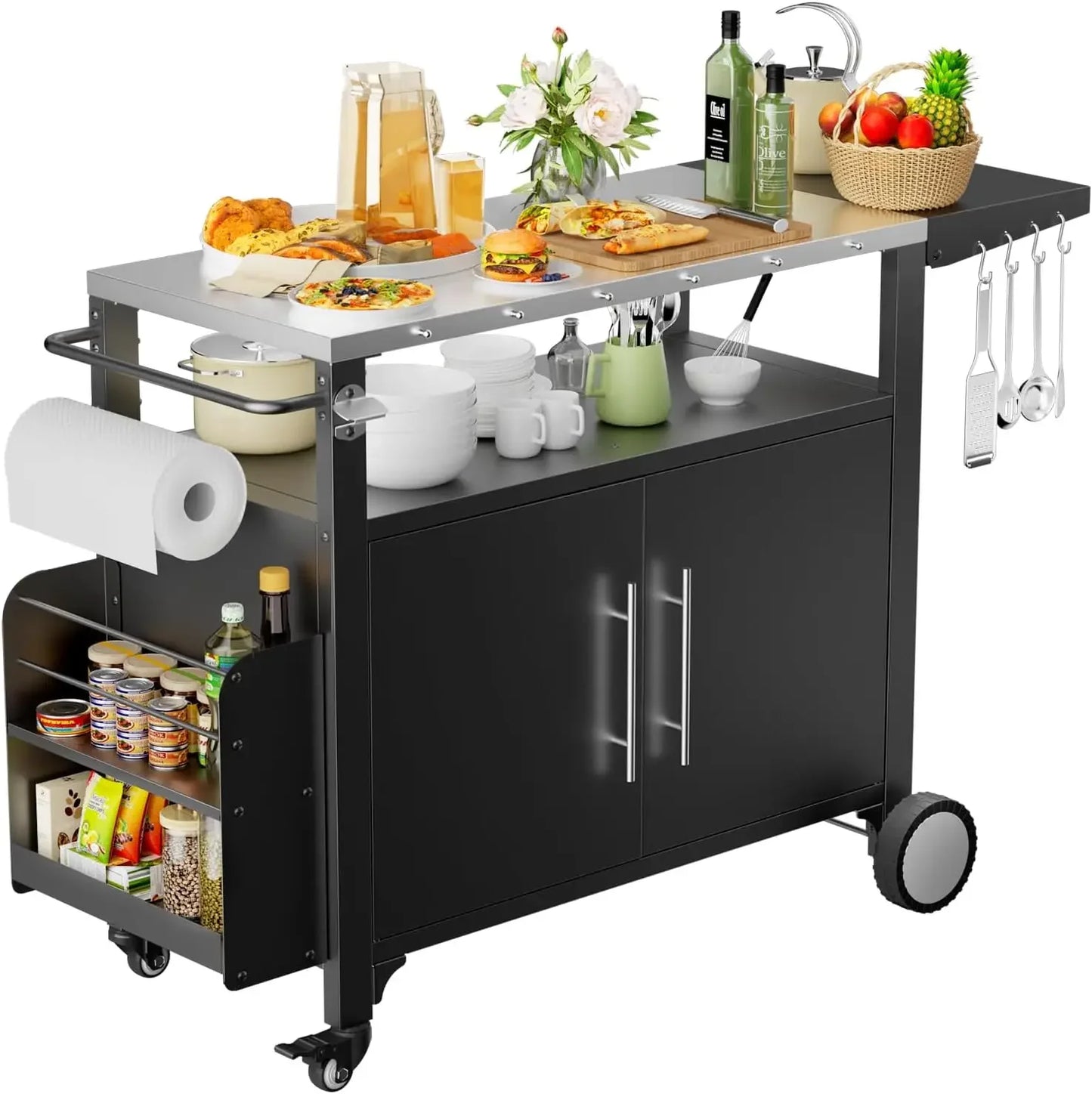 Outdoor Grill Cart with Storage – Patio Kitchen Island Table with Wheels, Hooks & Spice Rackoutdoor grill cart, patio kitchen island, BBQ prep table, rolling grill cart, outdoor storage table, waterproof grill table, BBQ ca