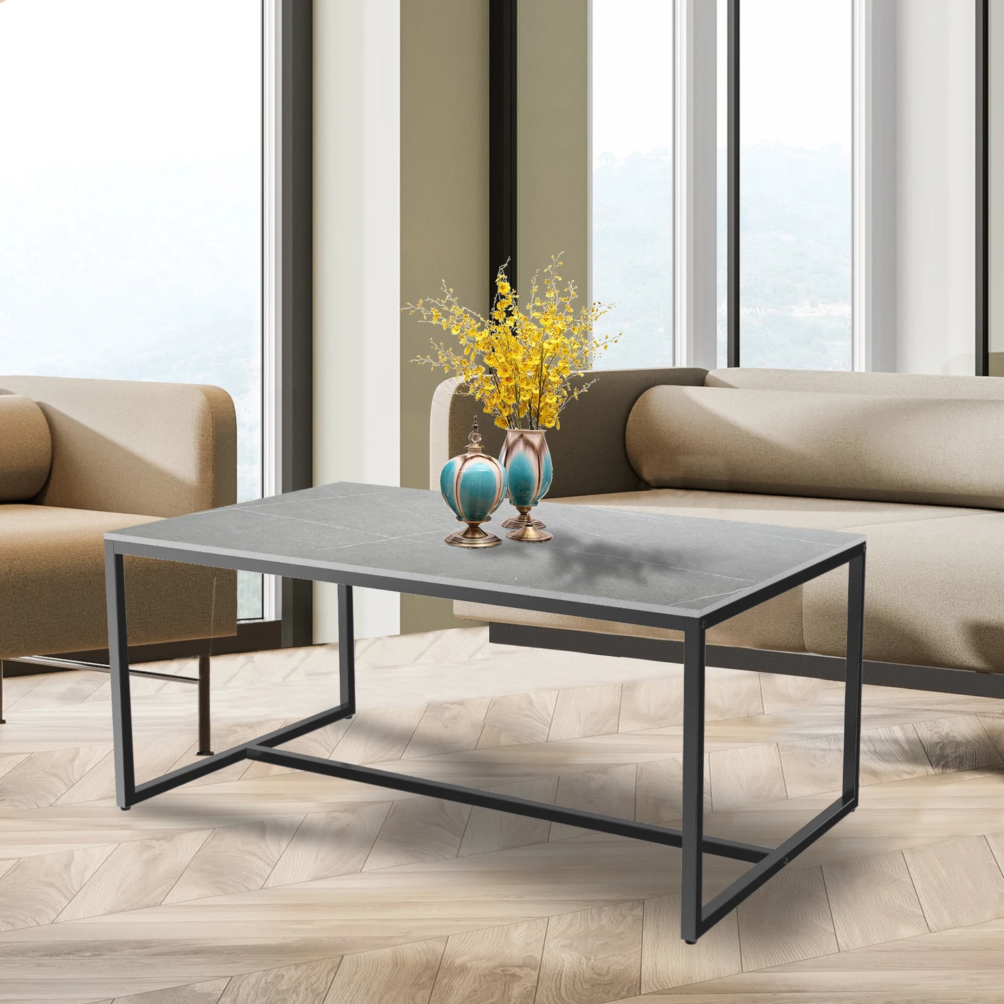 Modern Marble & Metal Coffee Table – Open Rectangle Accent Table for Living Room