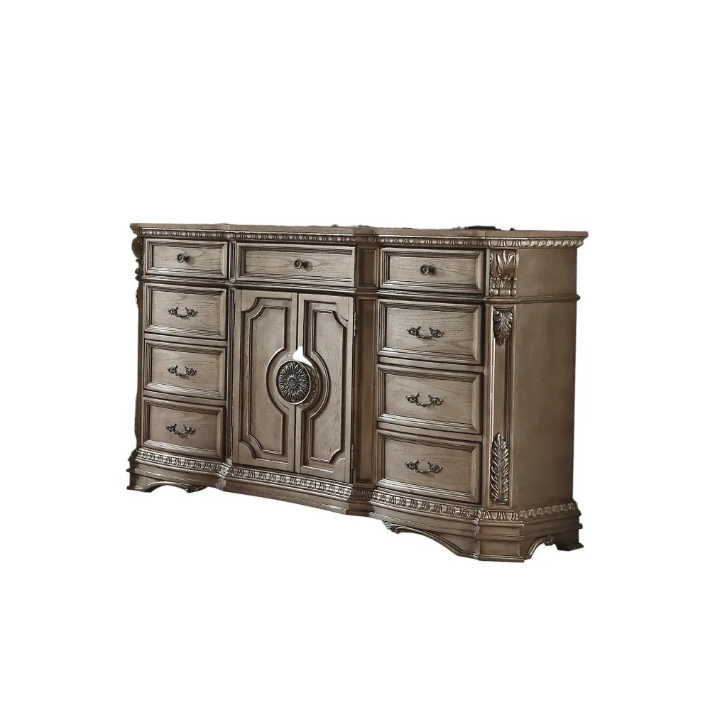 Antique Silver Wood-Top Dresser with Mirror – European Villa Style