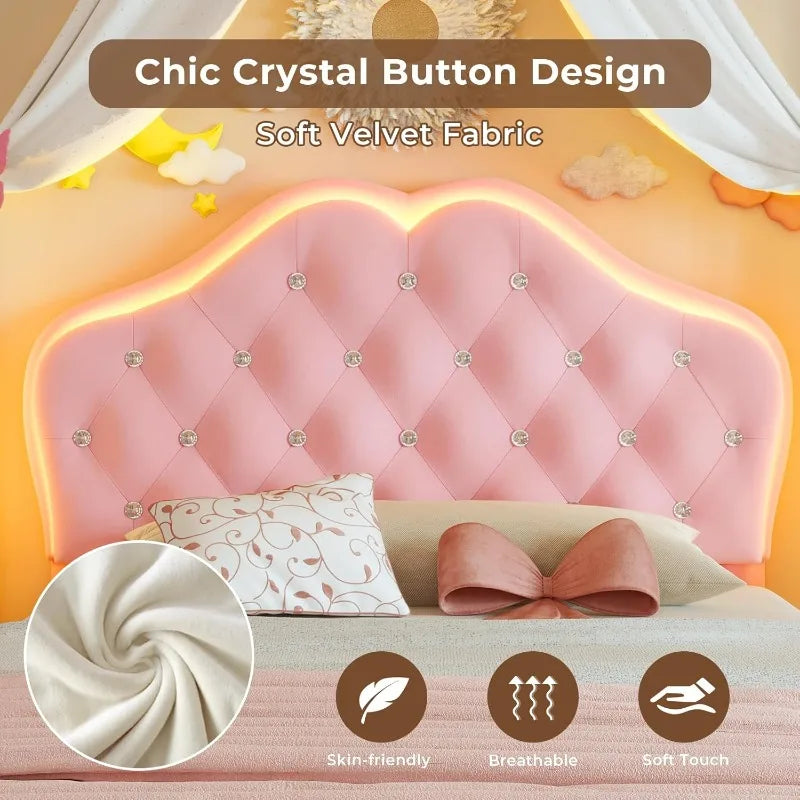 Twin Size Princess Bed – Pink Upholstered Platform with Storage Drawer & Adjustable Crystal Headboard