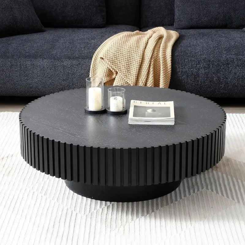 39" Black Round Coffee Table – Modern Fluted Drum Design, Handcrafted Wood for Living Room