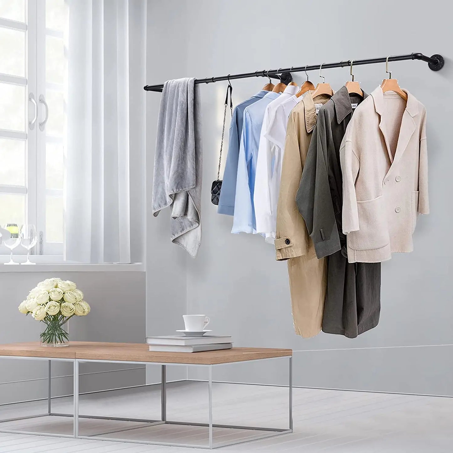 Wall-Mounted Pipe Rack – 180cm with Shelf & Hooks