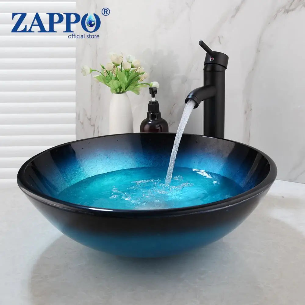 ZAPPO Blue Tempered Glass Vessel Sink – Oval Above-Counter Basin with Black Waterfall Faucet