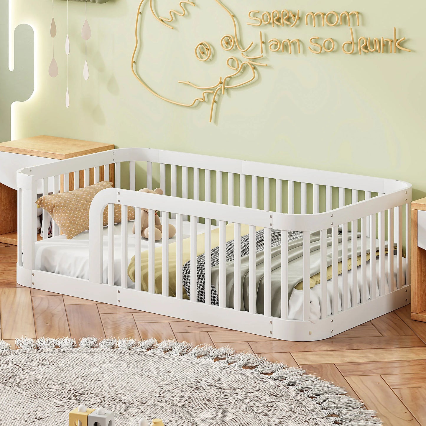 Wood Twin Bed Frame for Toddlers – Low Floor Bed with Fence, 76.9"L x 41.1"W x 23.8"H